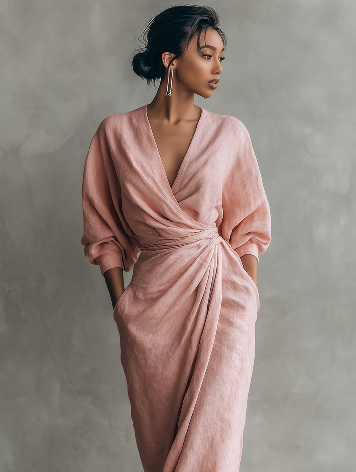 Abito Maxi Rosa Minimalista con Scollo a V