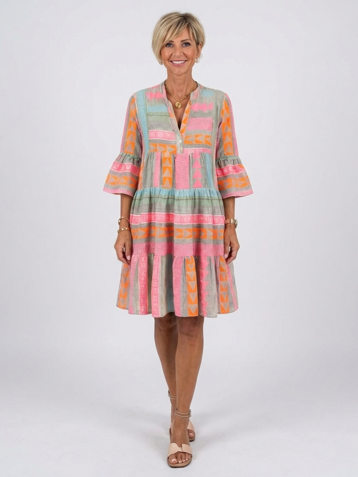 Maelle | Abito V-Neck con Stampa Geometrica, Lunghezza Ginocchio
