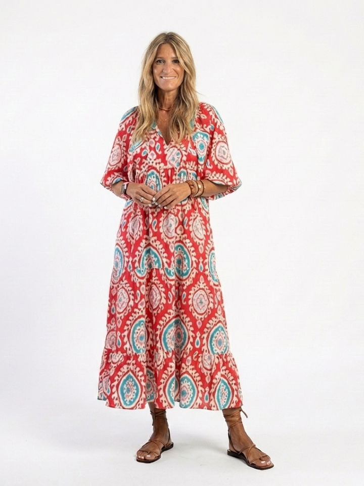 Zaria | Vestito midi a maniche corte con scollatura a V e motivo paisley