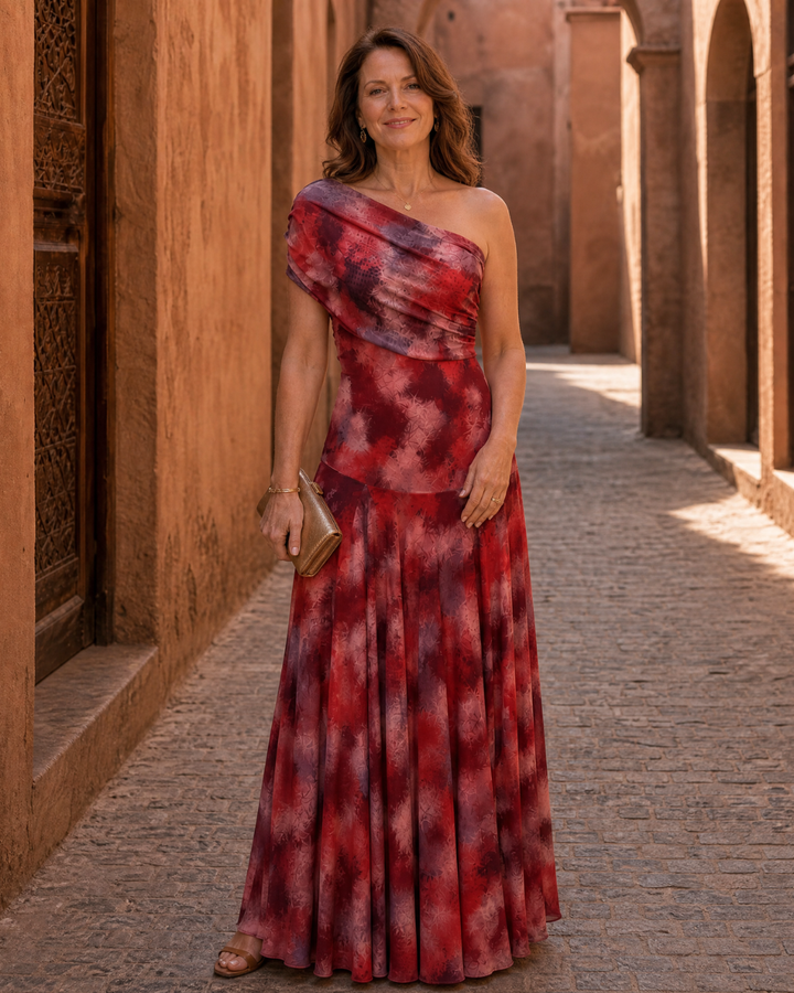 Zarephine | Abito Maxi Fluttuante con Stampa Acquerello a Spalla Singola