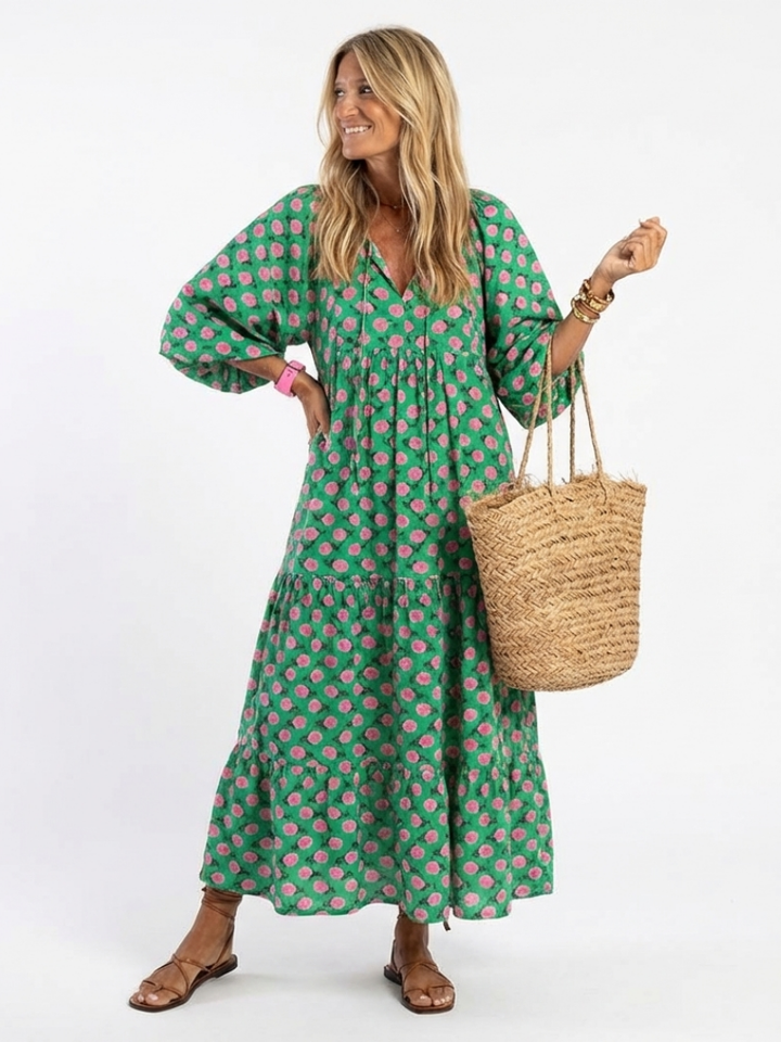 Fiora | Vestito Midi con Scollo a V e Stampa Floreale
