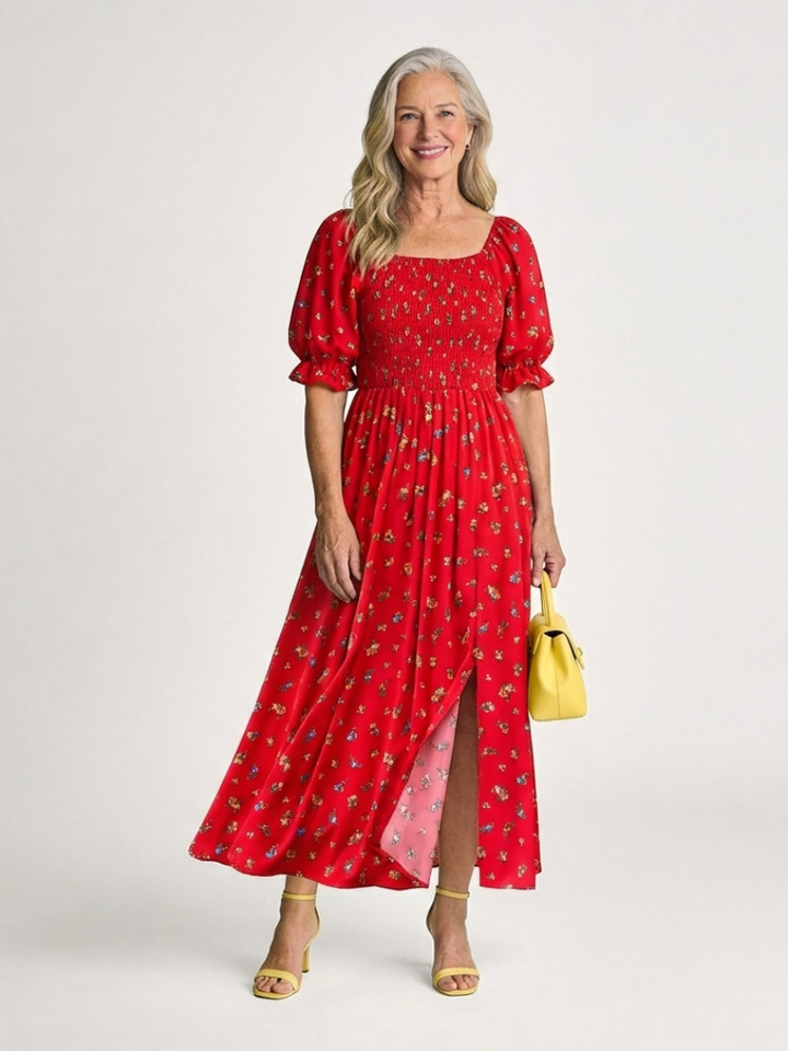 Delphine | Midi Dress with Floral Print, Square Neckline, and Balloon Sleeves