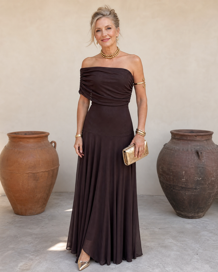 Valerinne | Maxi Dress with Draped Bodice and Off-the-Shoulder Design