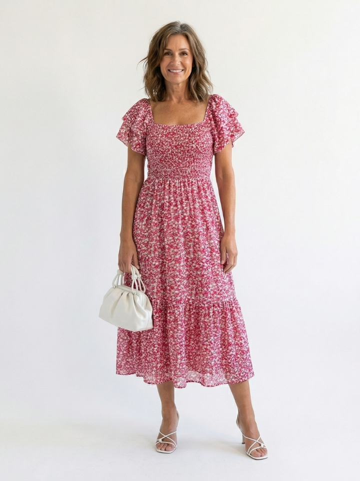 Odette | Midi Dress with Floral Print and Off-Shoulder Design