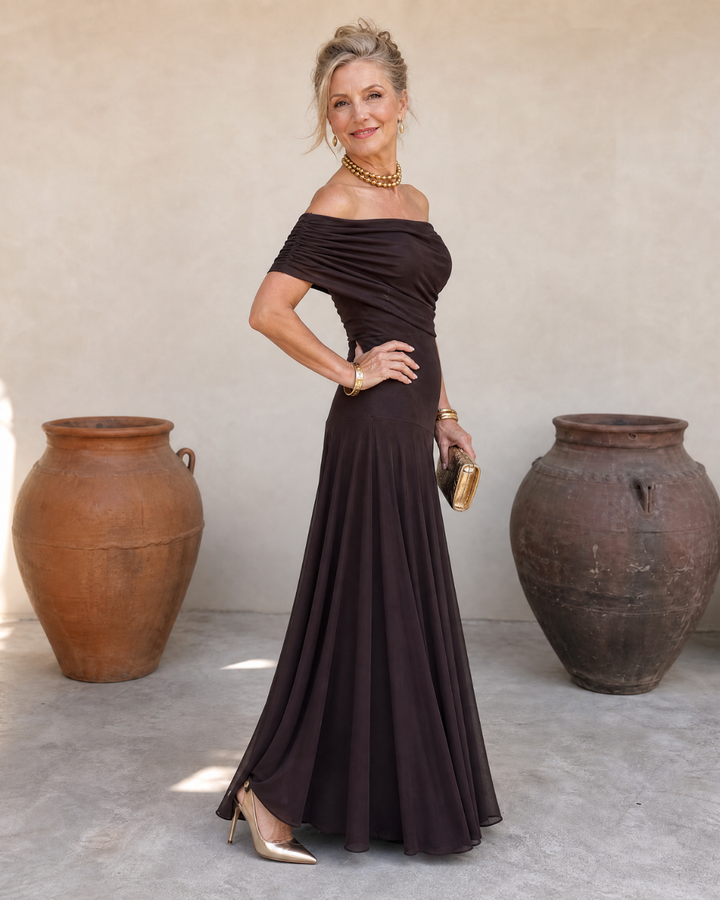 Valerinne | Maxi Dress with Draped Bodice and Off-the-Shoulder Design