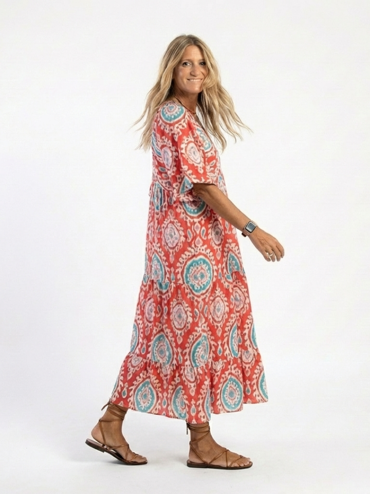 Zaria | Vestito midi a maniche corte con scollatura a V e motivo paisley