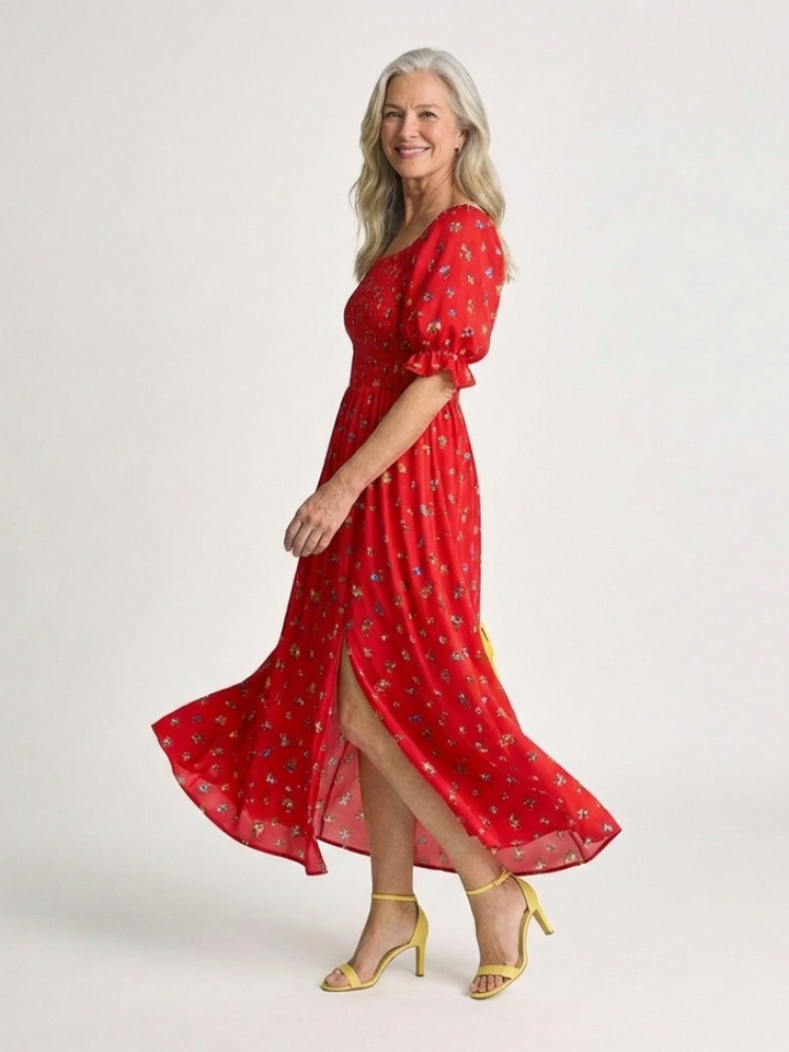 Delphine | Midi Dress with Floral Print, Square Neckline, and Balloon Sleeves