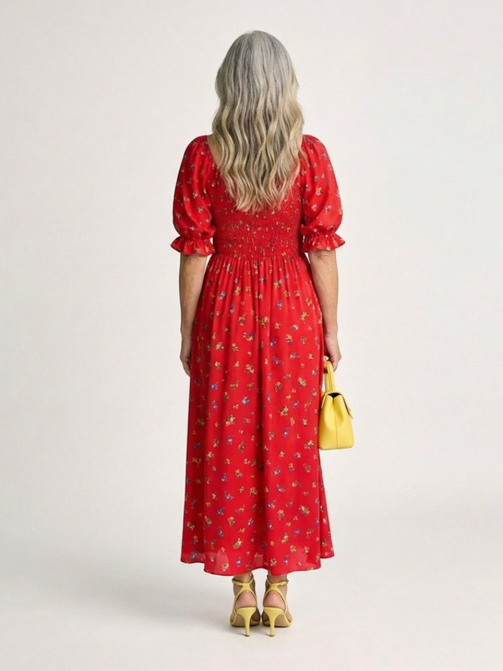 Delphine | Midi Dress with Floral Print, Square Neckline, and Balloon Sleeves