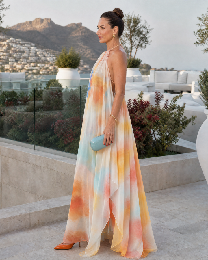 Solmira | Maxi Abito Fluttuante con Scollo Halter in Stile Acquerello