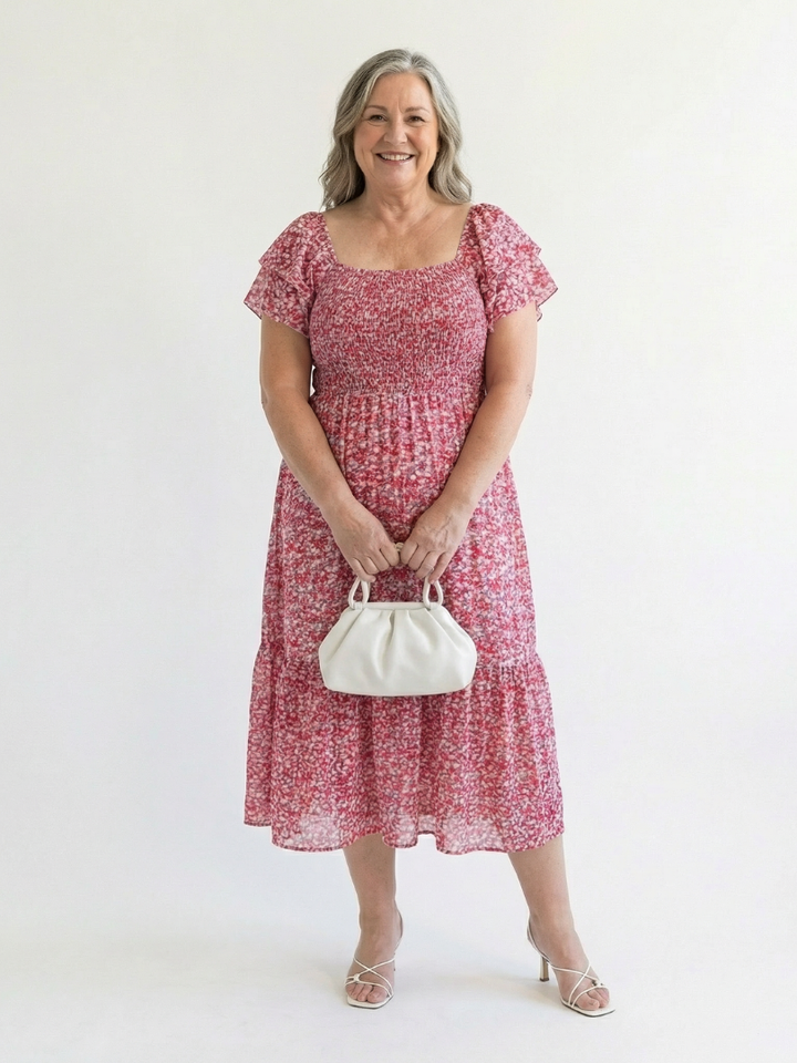 Odette | Midi Dress with Floral Print and Off-Shoulder Design