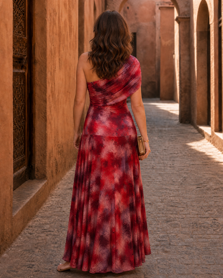 Zarephine | Abito Maxi Fluttuante con Stampa Acquerello a Spalla Singola