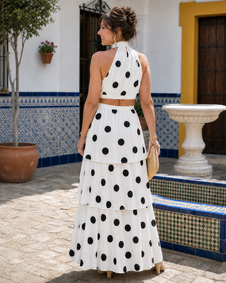 Lysa | Polka Dot Halter Crop Top and Layered Maxi Skirt Set