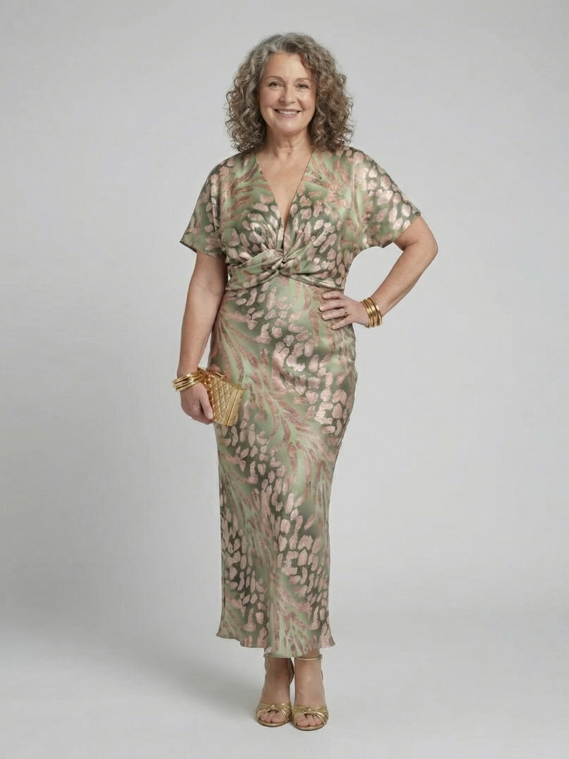 Coralie | Abito Midi con Stampa Astratta e Scollo a V con Vita Intrecciata