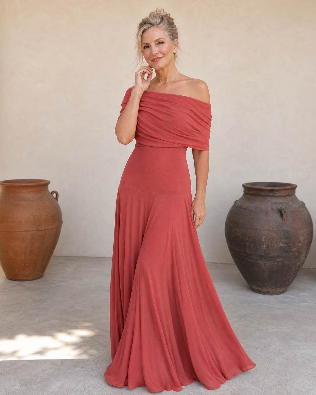 Valerinne | Maxi Dress with Draped Bodice and Off-the-Shoulder Design