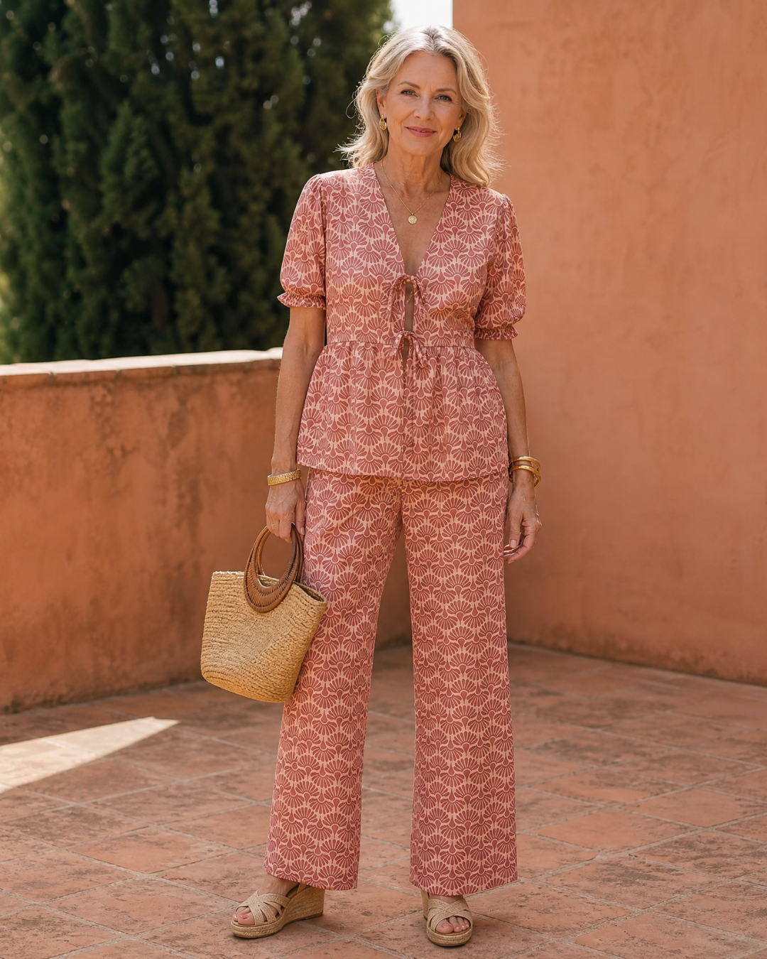 Somar | Blusa a maniche puff con stampa floreale e pantaloni dritti