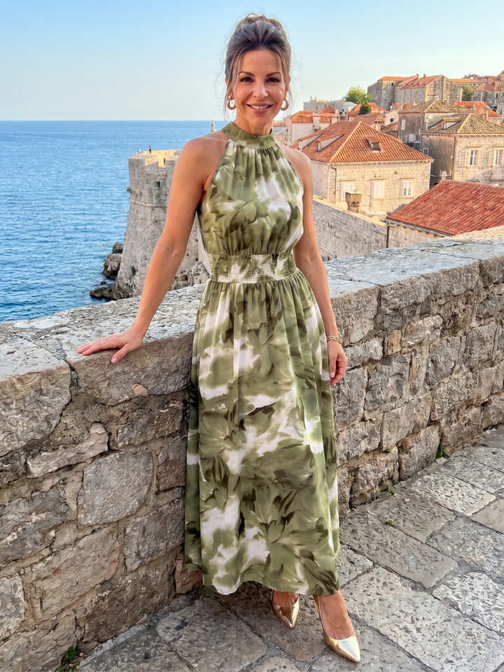 Olivia | Midi Dress with Ruched Waist and Abstract Print