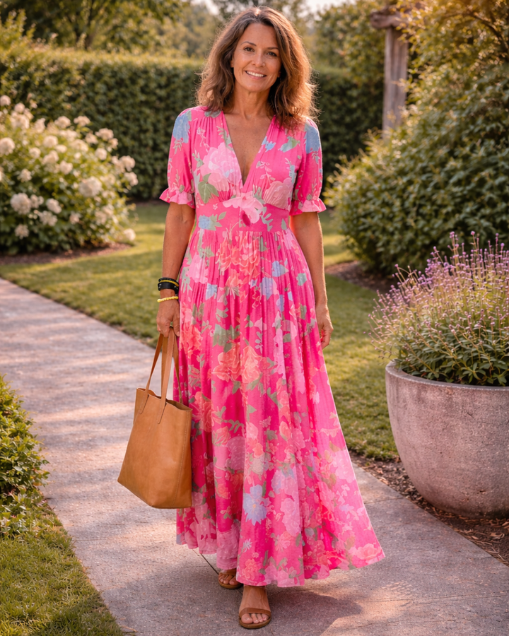 Ione | Abito Midi V-Neck con Maniche Corte e Stampa Floreale