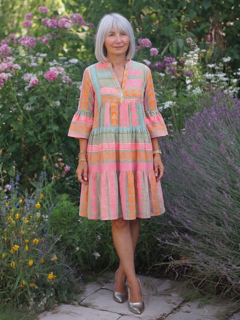 Maelle | Abito V-Neck con Stampa Geometrica, Lunghezza Ginocchio