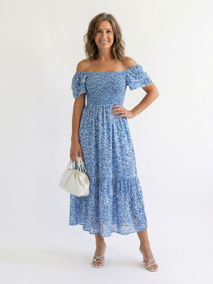 Odette | Midi Dress with Floral Print and Off-Shoulder Design