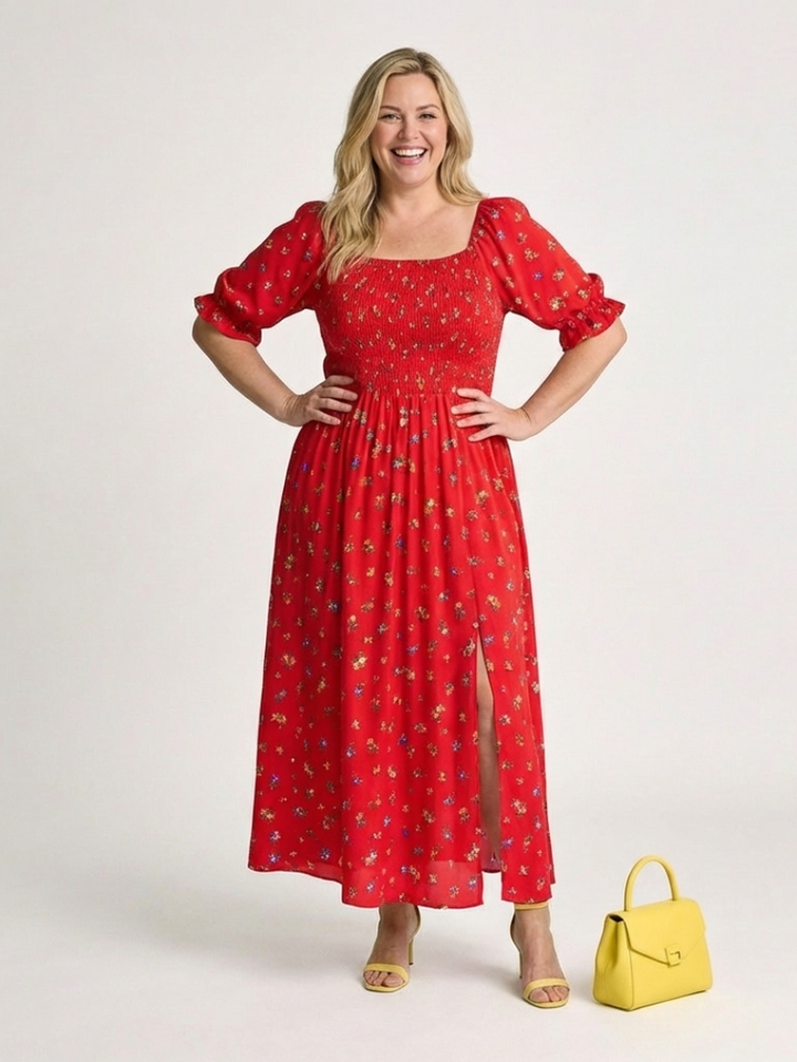 Delphine | Midi Dress with Floral Print, Square Neckline, and Balloon Sleeves