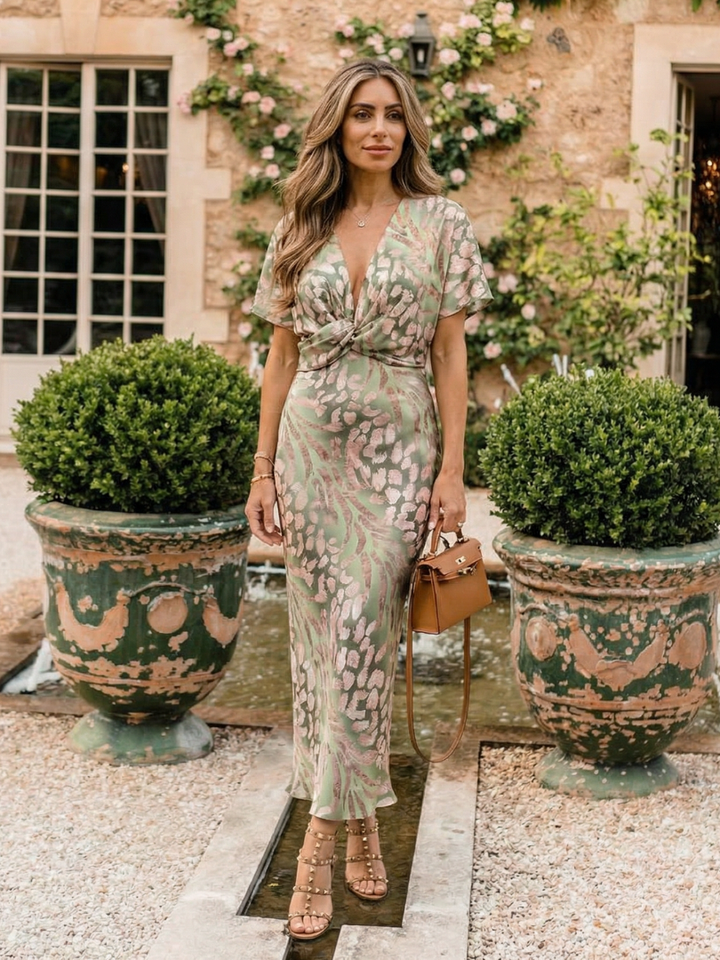 Coralie | Abito Midi con Stampa Astratta e Scollo a V con Vita Intrecciata
