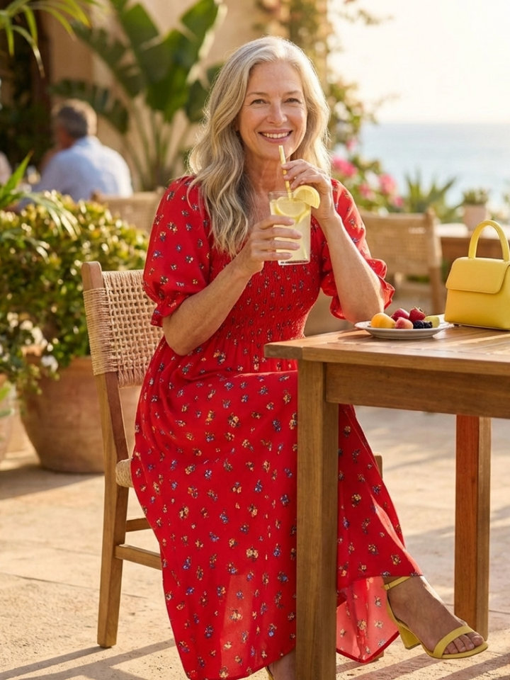 Delphine | Midi Dress with Floral Print, Square Neckline, and Balloon Sleeves