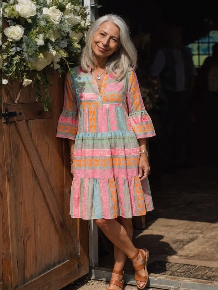 Maelle | Abito V-Neck con Stampa Geometrica, Lunghezza Ginocchio