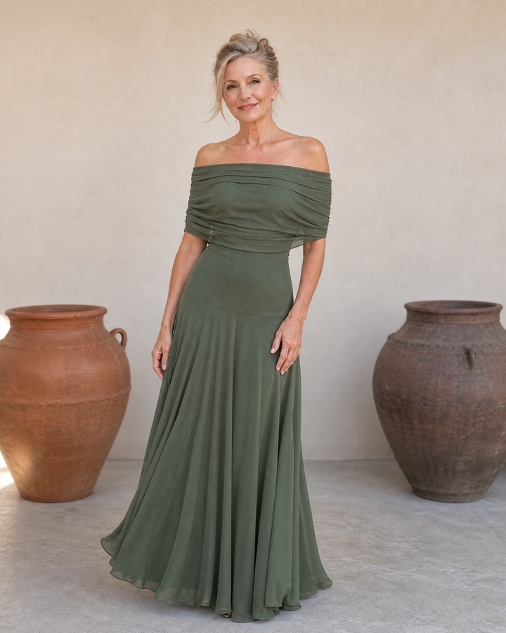 Valerinne | Maxi Dress with Draped Bodice and Off-the-Shoulder Design