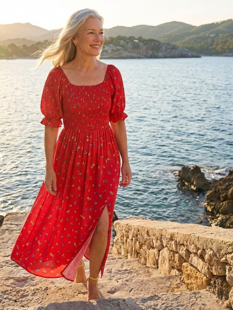 Delphine | Midi Dress with Floral Print, Square Neckline, and Balloon Sleeves