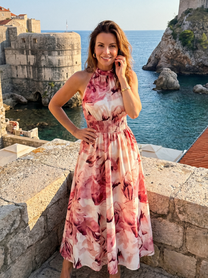 Olivia | Midi Dress with Ruched Waist and Abstract Print