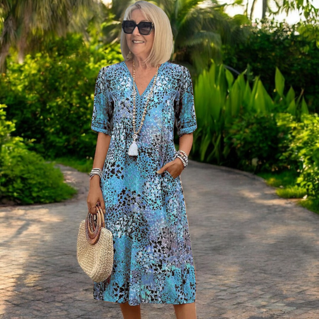 Ashley™ – Abito Midi Fantasia con Scollatura a V