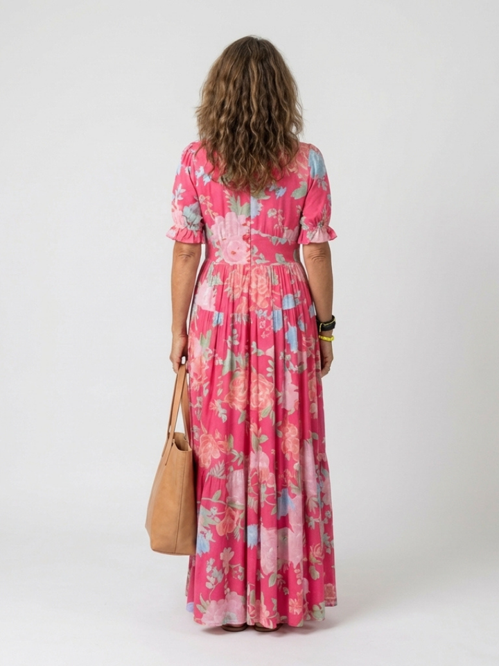 Ione | Abito Midi V-Neck con Maniche Corte e Stampa Floreale