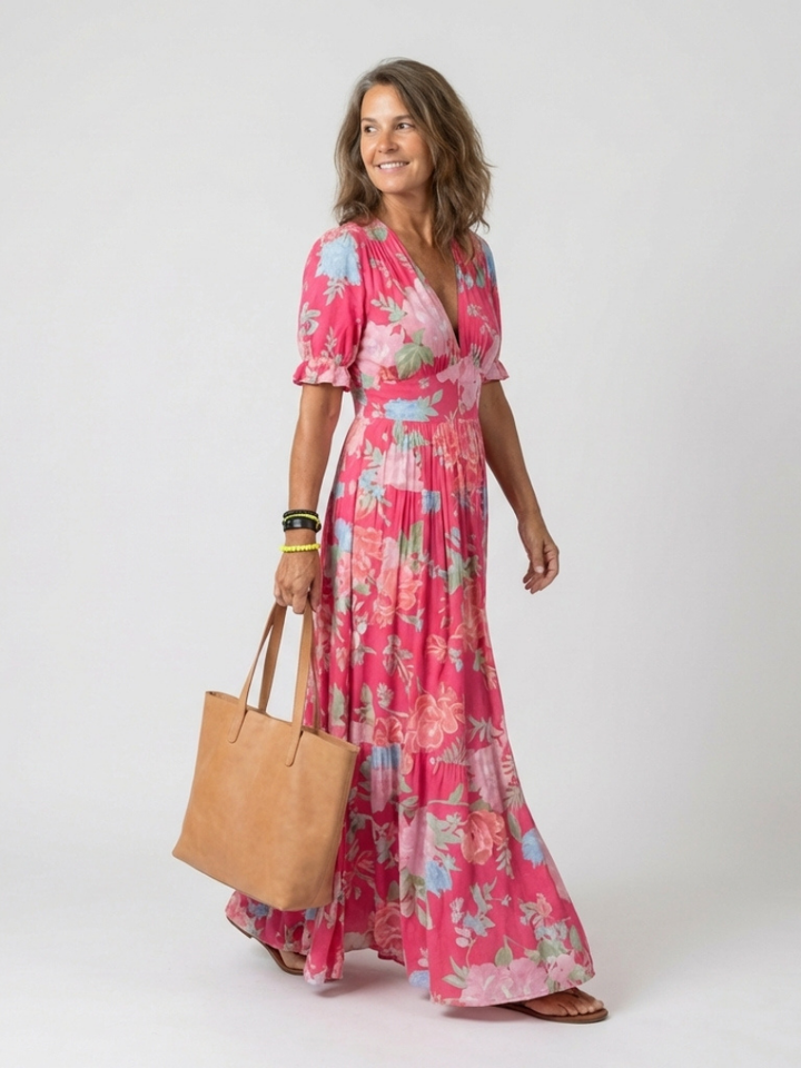 Ione | Abito Midi V-Neck con Maniche Corte e Stampa Floreale
