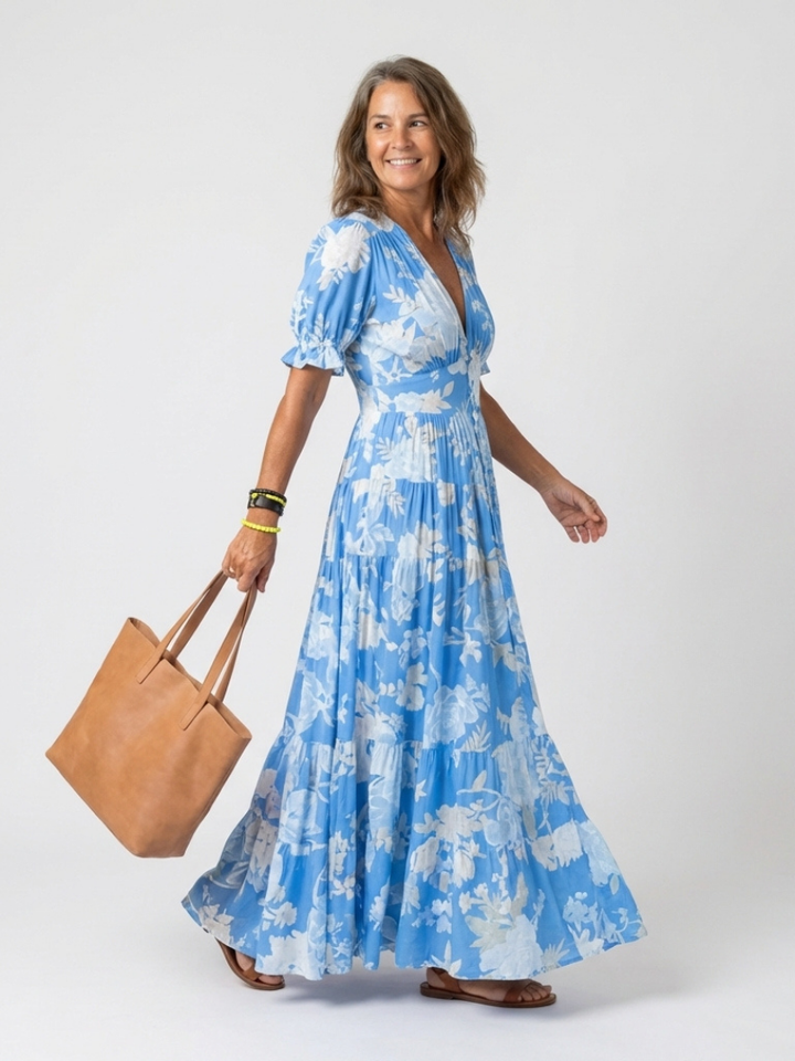 Ione | Abito Midi V-Neck con Maniche Corte e Stampa Floreale