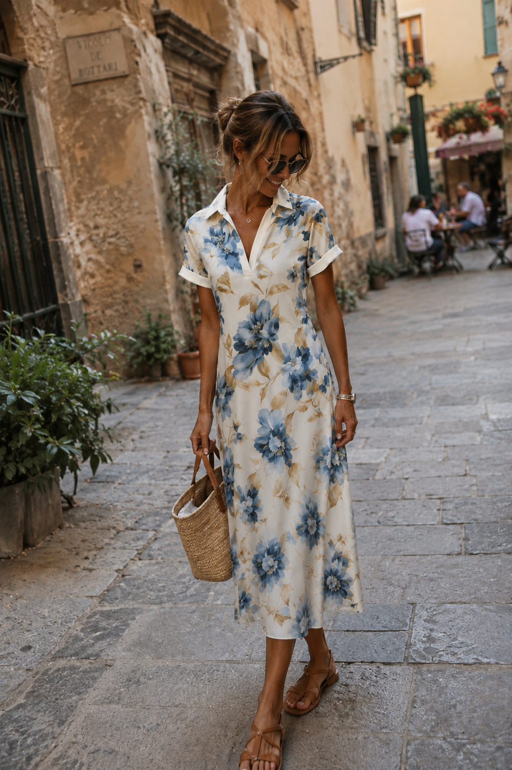 Elara | Vestito Midi a Fiori con Legatura in Vita