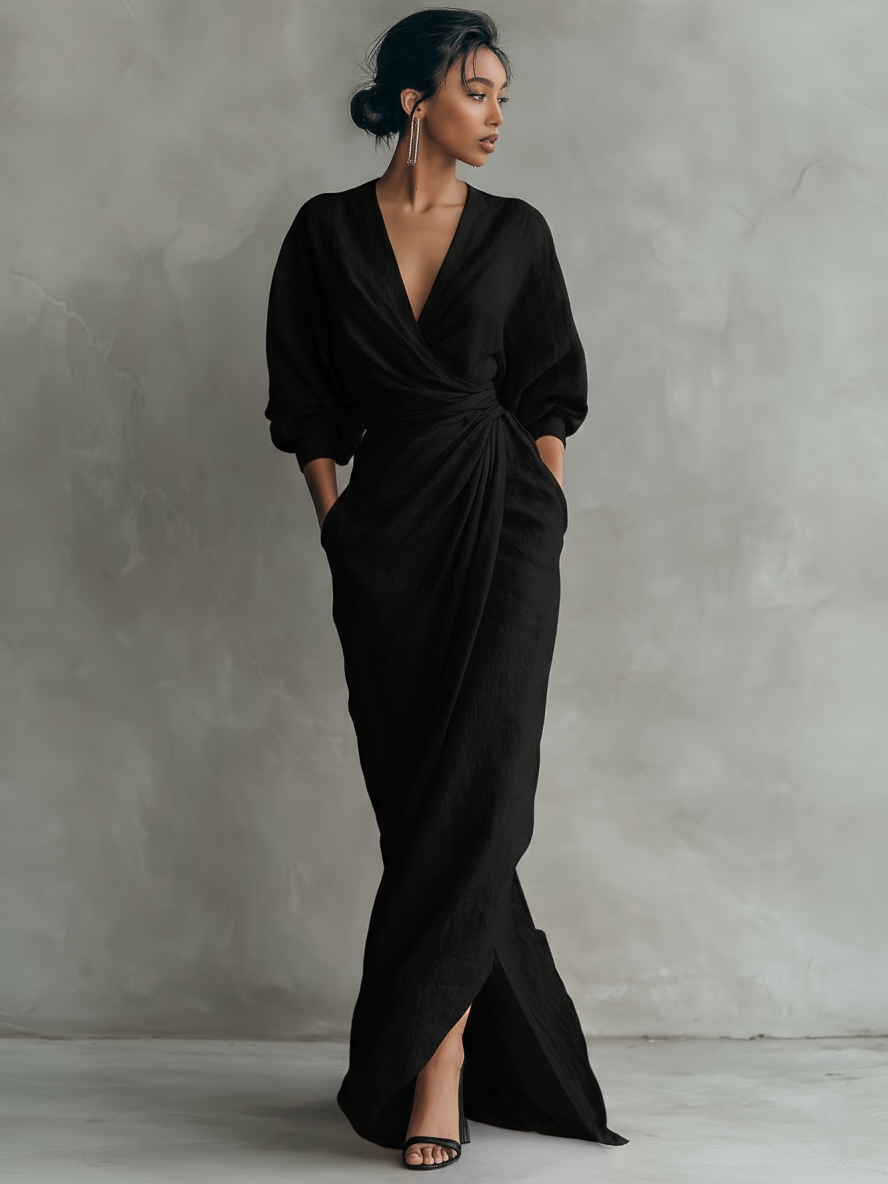 Abito Maxi Rosa Minimalista con Scollo a V