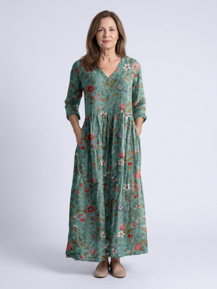 Marina | Maxi Dress with V-Neck, Three-Quarter Sleeves, and Floral Print