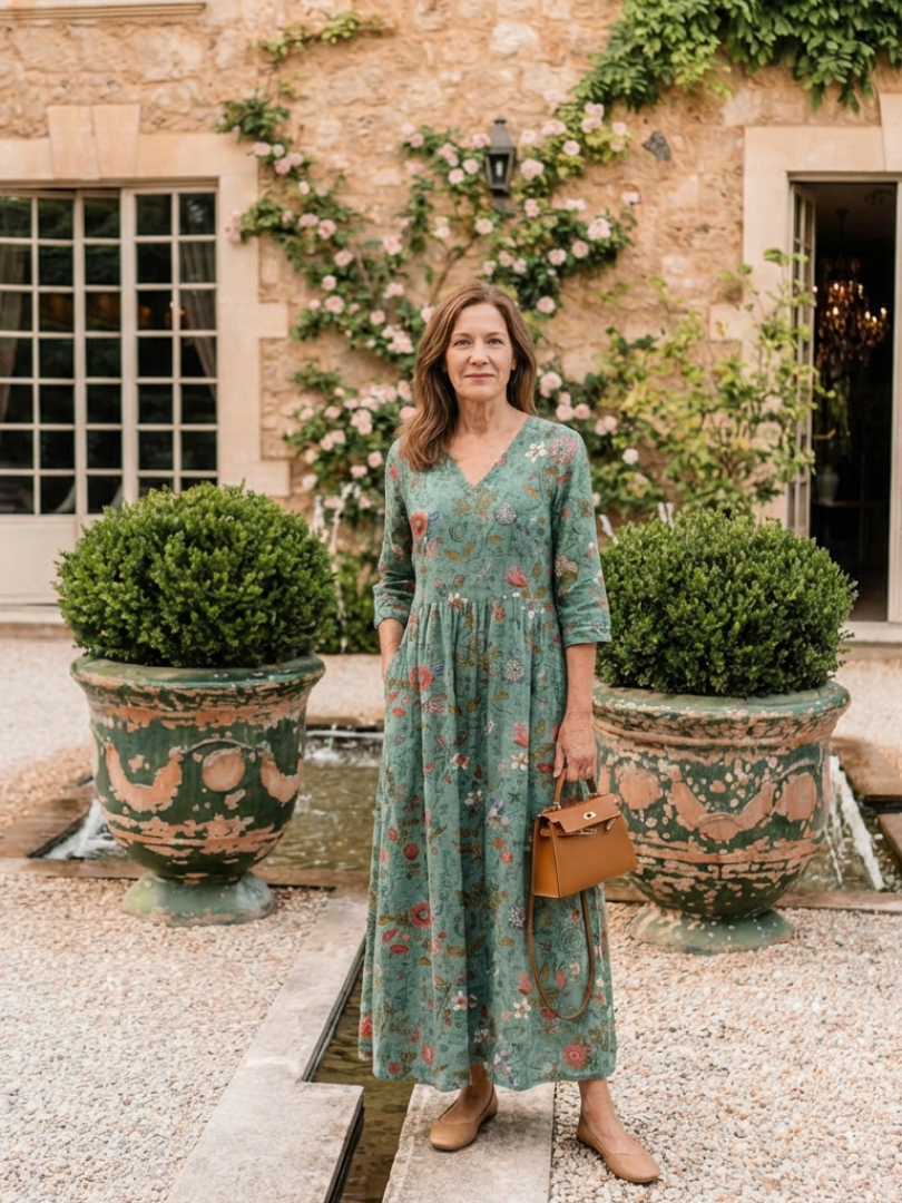 Marina | Maxi Dress with V-Neck, Three-Quarter Sleeves, and Floral Print