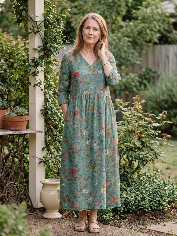 Marina | Maxi Dress with V-Neck, Three-Quarter Sleeves, and Floral Print