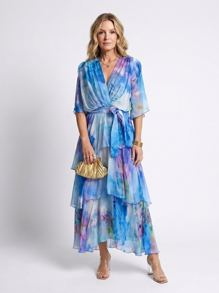 Calista | V-Neck Maxi Dress with Sheer Layers and Belt