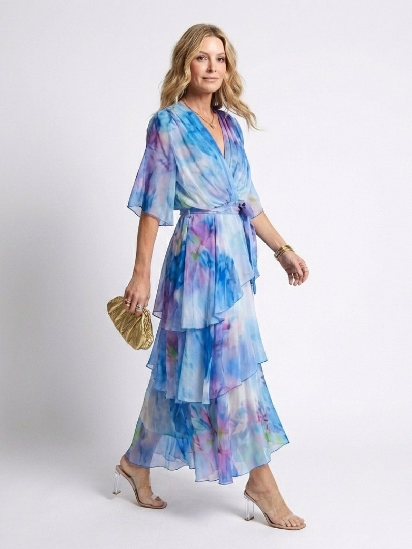 Calista | V-Neck Maxi Dress with Sheer Layers and Belt