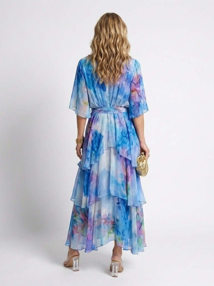 Calista | V-Neck Maxi Dress with Sheer Layers and Belt