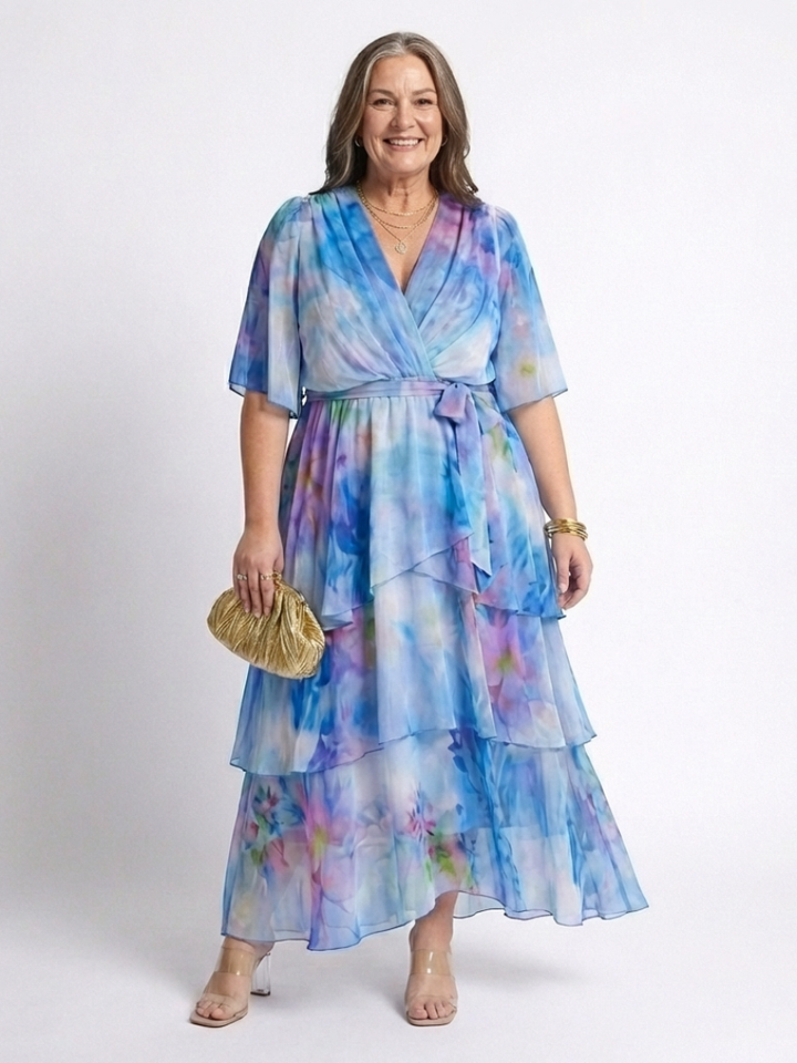 Calista | V-Neck Maxi Dress with Sheer Layers and Belt