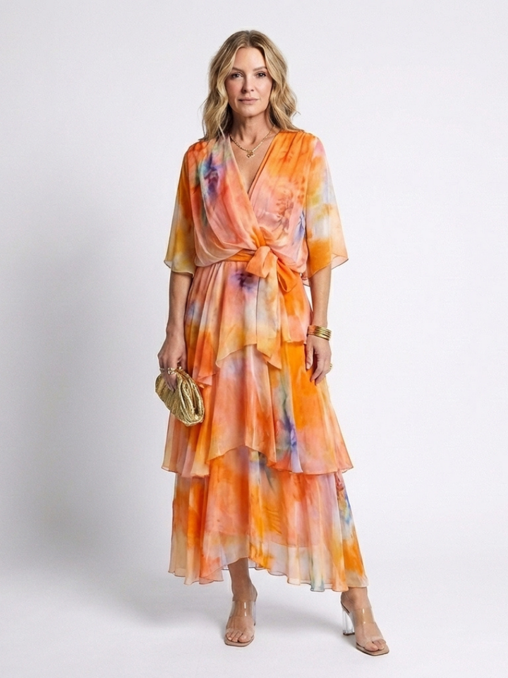 Calista | V-Neck Maxi Dress with Sheer Layers and Belt