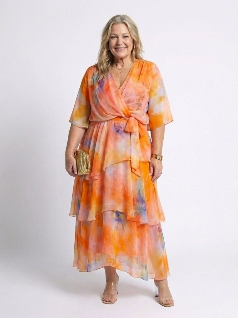 Calista | V-Neck Maxi Dress with Sheer Layers and Belt
