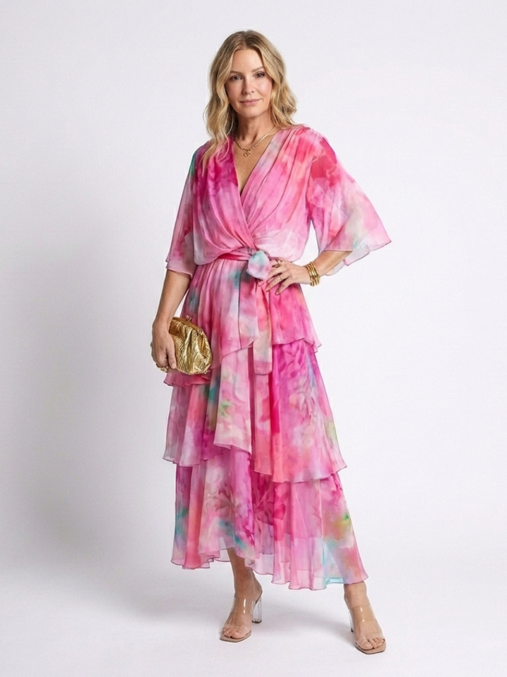 Calista | V-Neck Maxi Dress with Sheer Layers and Belt