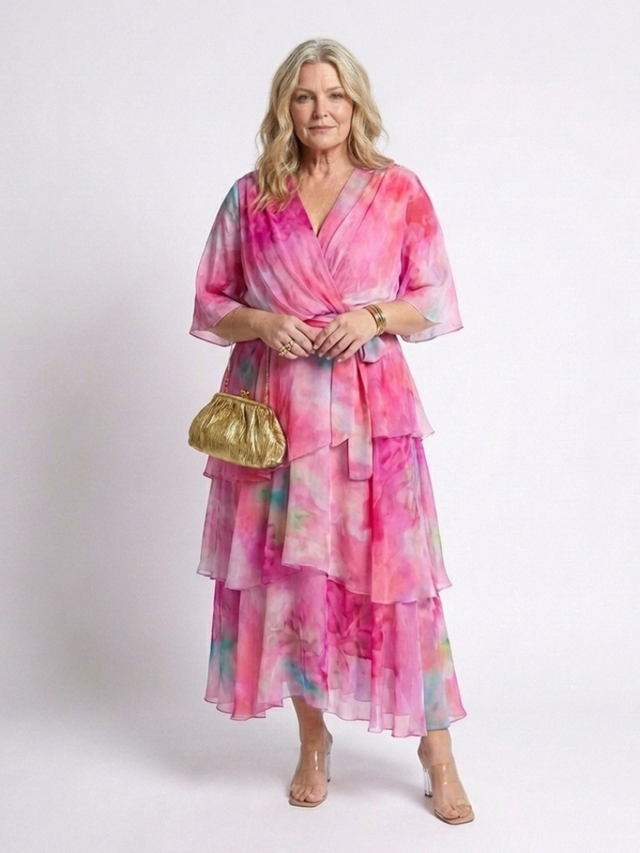 Calista | V-Neck Maxi Dress with Sheer Layers and Belt