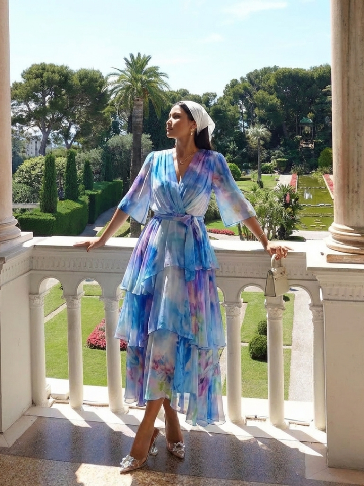 Calista | V-Neck Maxi Dress with Sheer Layers and Belt