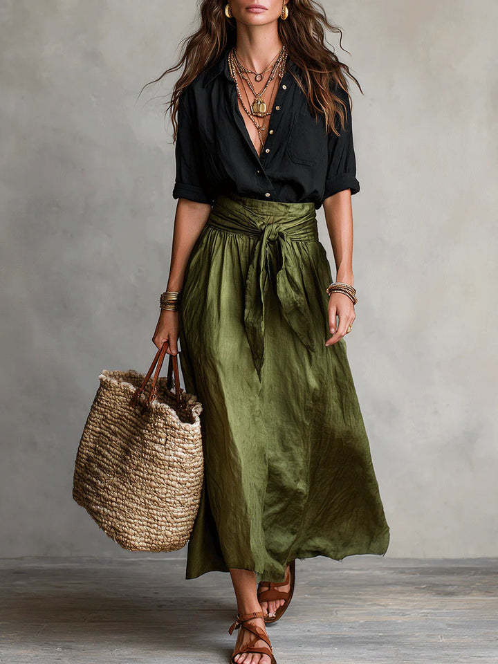 Vera™ | Set Due Pezzi: Maglietta Nera e Gonna Midi Verde Oliva