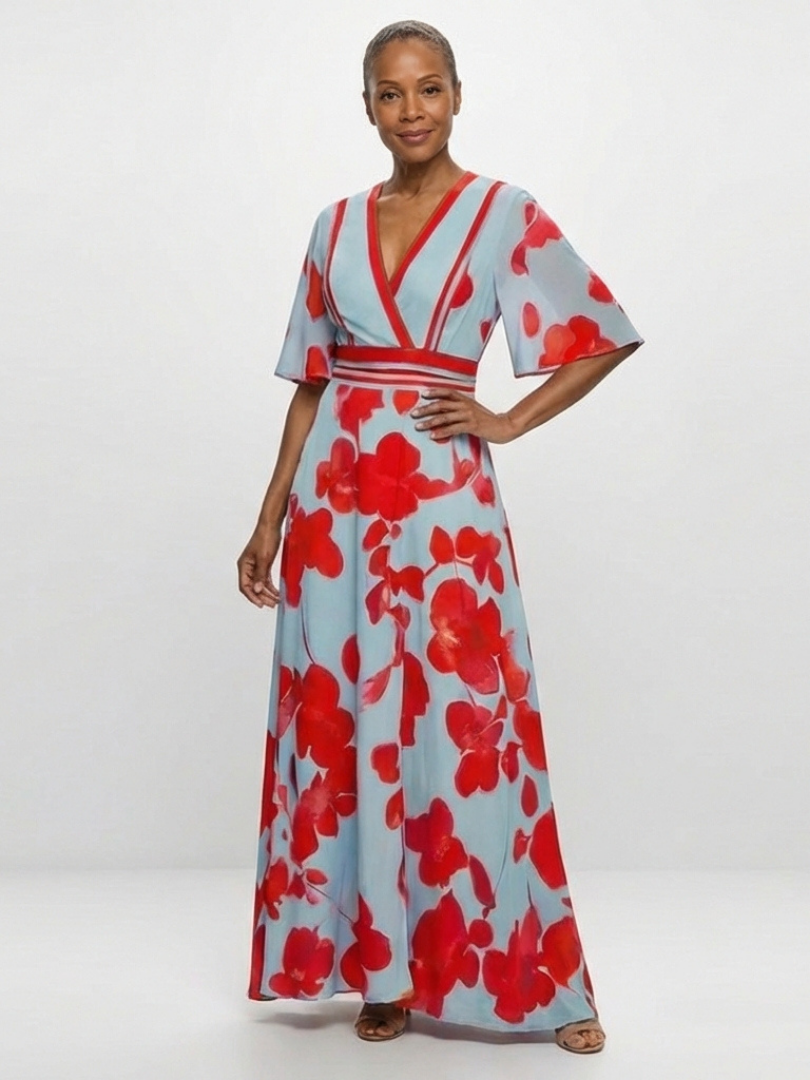 Corinne | Maxi Dress with Floral Print, V-Neck, and Short Sleeves